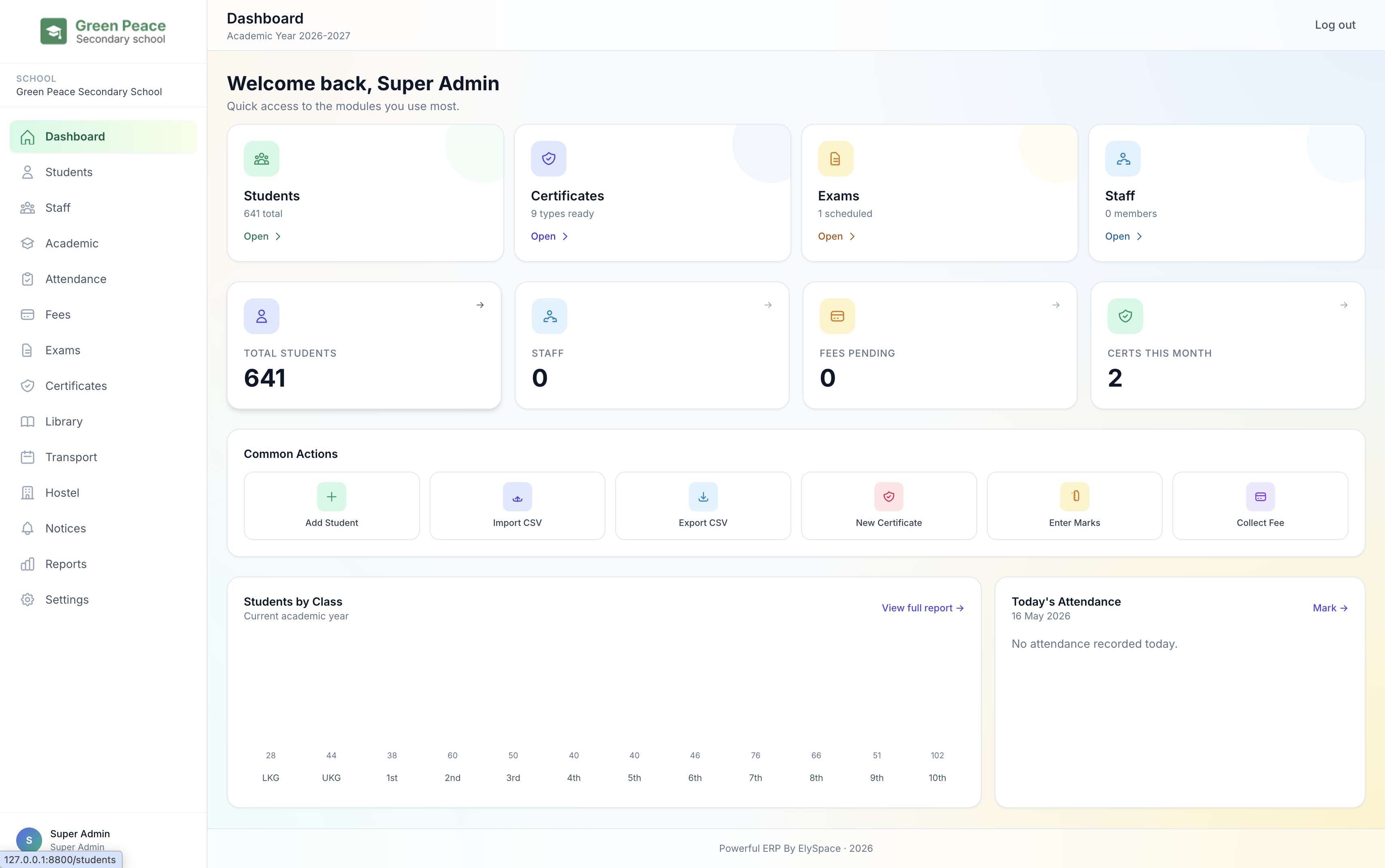 Green Peace Secondary School dashboard running on ElySpace School ERP
