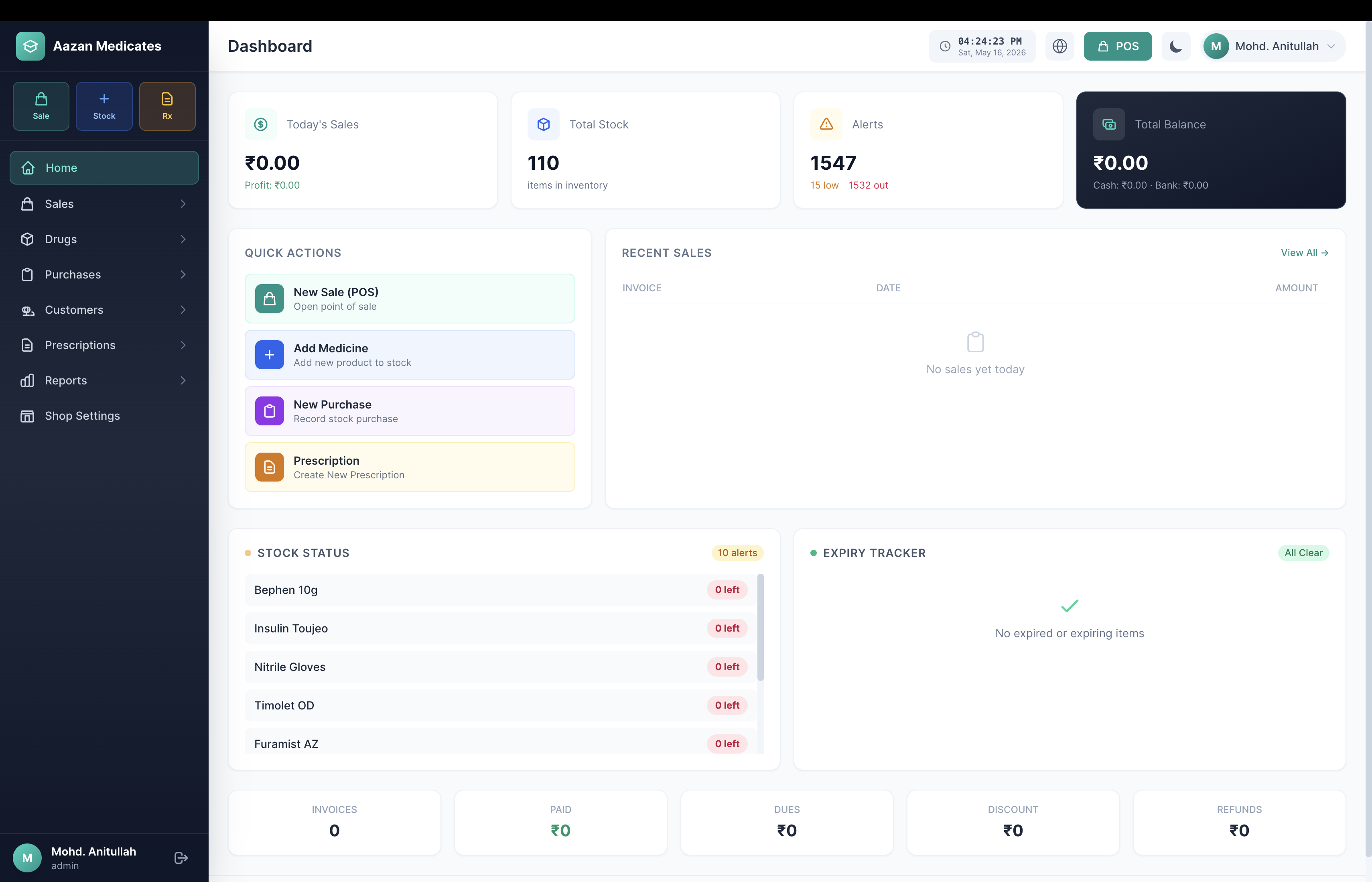 Aazan Medicates pharmacy dashboard running on ElySpace PMS